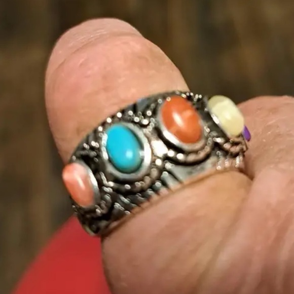 Boho Colorful Turquoise, Lab Created Multi Gemstone Silver tone Ring, size 6 - Picture 4 of 7